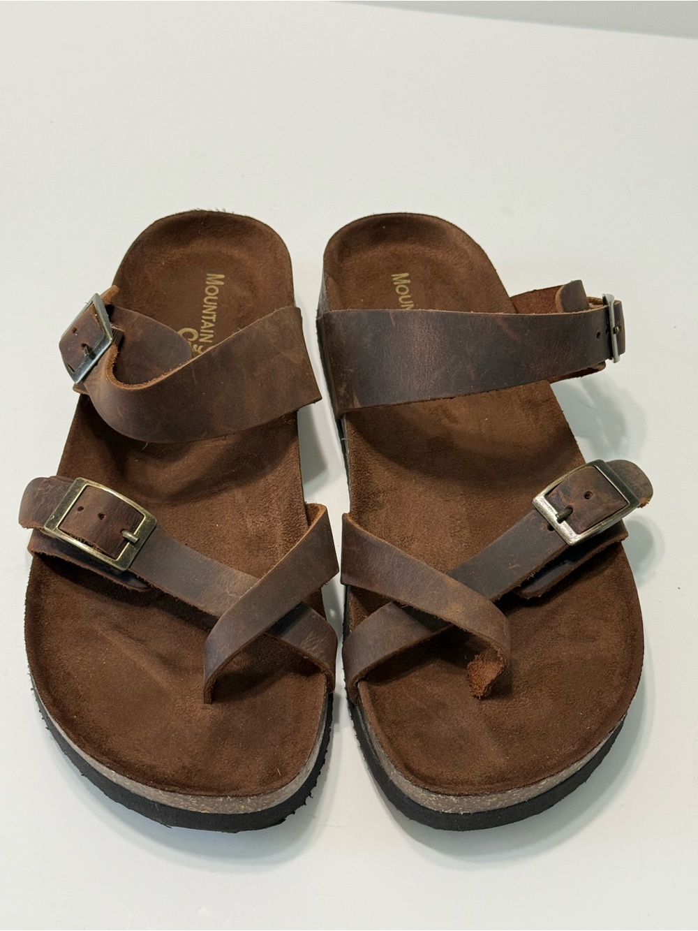Mountain Sole Brown Leather Toe Loop Cork Footbed Sandals Size 9 US